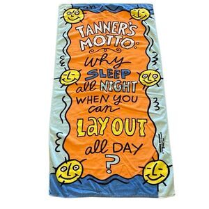 Vintage 80s Beach Towel Tanner’s Motto Hilasal Humor Bold Color Sunbathing RARE